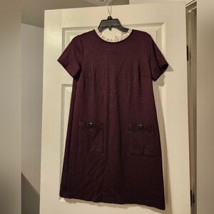 Loft Burgundy Plaid Houndstooth  Lace Collar Dress Size 0